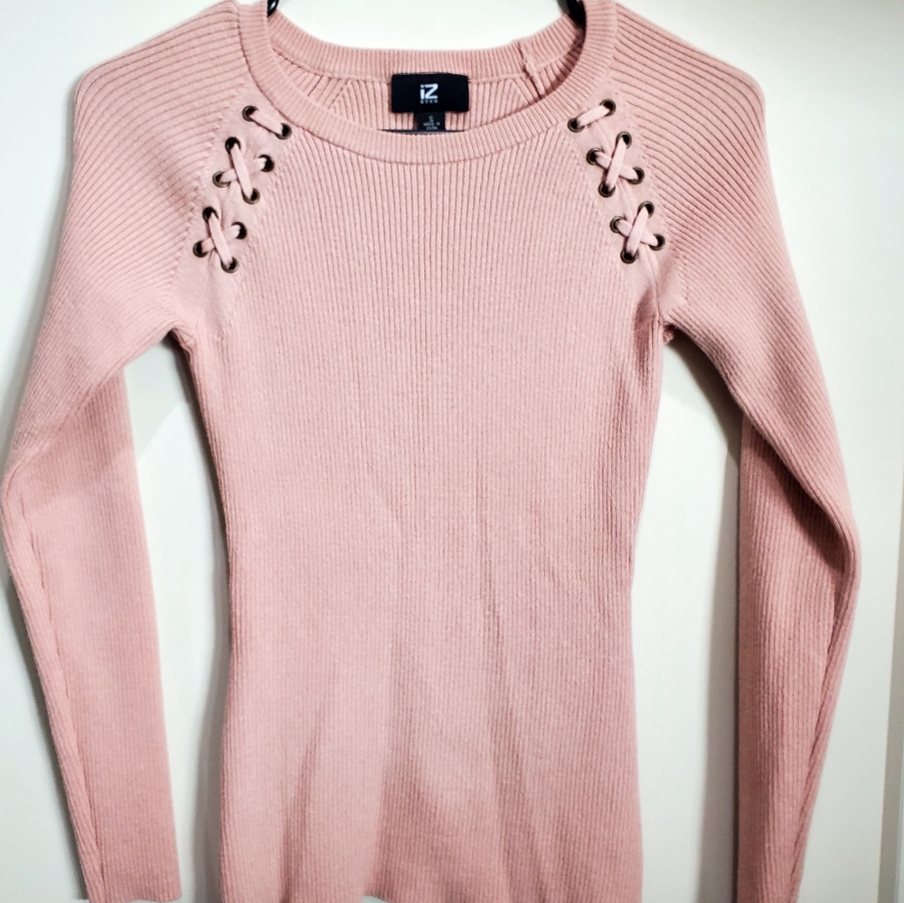 iZ Byer Pink Ribbed Knitted Long Sleeve Top Cross lace Shoulder